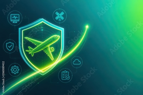 Aviation cyber security concept with glowing airplane shield and tech icons