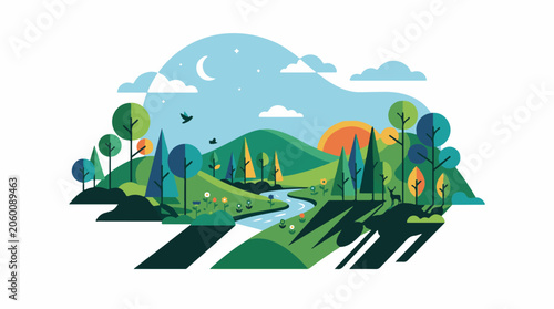 A serene landscape with rolling hills, trees, a winding river, and a vibrant sunset