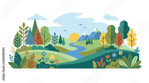 A serene landscape with rolling hills, a winding river, trees, flowers, and mountains