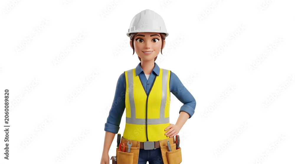 Fototapeta premium Female construction worker wearing hard hat and safety vest.