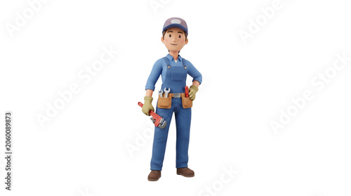 Female Mechanic Character in Blue Overalls with Tools.
