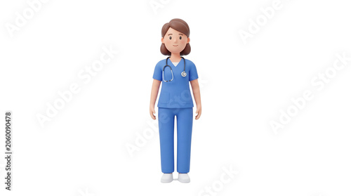 Friendly Female Nurse Character Wearing Blue Scrubs and Stethoscope.