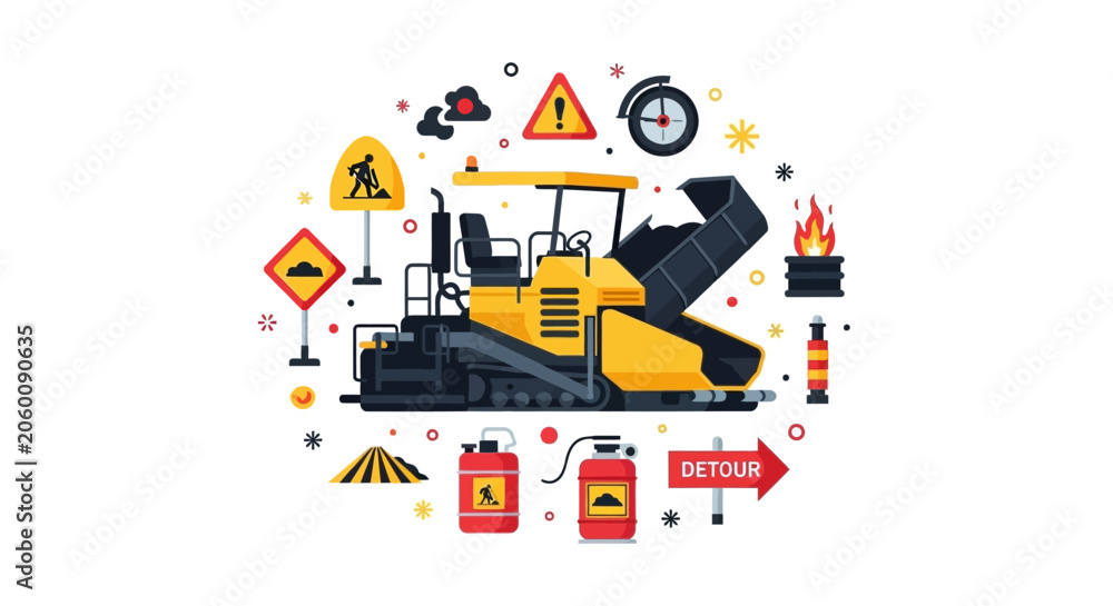 Fototapeta premium Road Construction Equipment Illustration featuring Asphalt Paver Machine with Highway Maintenance Signs and Industrial Safety Icons in Flat Design Style