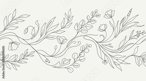 Obraz na plátne Continuous line art floral border with leaves and flowers