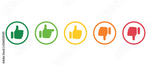 Rating and feedback scale symbol on circle outline with colored thumb signs showing excellent, good, average, poor, and bad evaluation levels, vector, designs