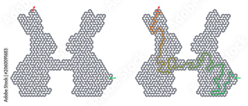 Maze game design featuring bunnies, playful theme, intricate paths