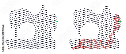 Sewing machine maze with solution, creative, intricate design