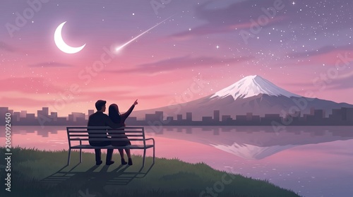 Couple sitting on a bench looking at a shooting star and crescent moon