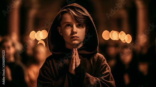 Europe medieval lifestyle. A moody, atmospheric portrait of a young boy, captured in a moment of quiet contemplation. He wears a hooded robe.