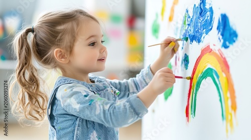 A cute girl drawing a rainbow on the white paper. The concept of hobbies and interests.