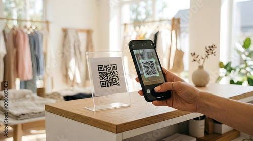 Customer uses a mobile phone to scan a payment QR code at a retail boutique.