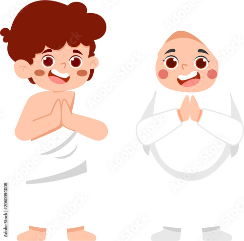 Happy Cartoon Boy with Arms Crossed Wearing Ihram Clothing for Hajj or Umrah