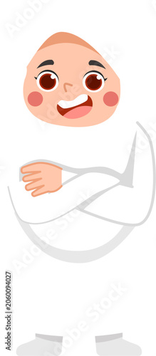 Happy Cartoon Boy with Arms Crossed Wearing Ihram Clothing for Hajj or Umrah