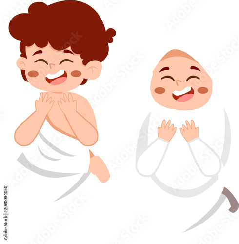 Happy Cartoon Boy with Arms Crossed Wearing Ihram Clothing for Hajj or Umrah