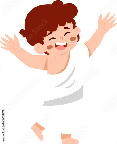 Joyful Muslim Boy in Ihram for Hajj or Umrah Pilgrimage, Isolated on White