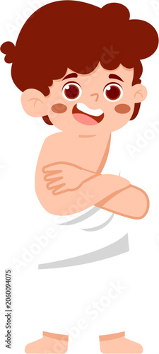 Happy Cartoon Boy with Arms Crossed Wearing Ihram Clothing for Hajj or Umrah