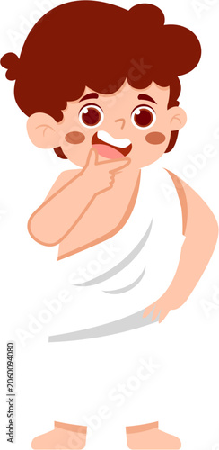 Thoughtful Boy in White Traditional Clothing Pondering an Idea