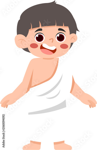 Happy Cartoon Boy with Arms Crossed Wearing Ihram Clothing for Hajj or Umrah