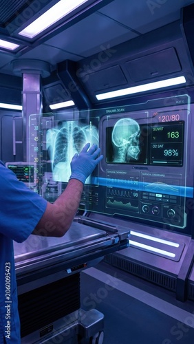 Futuristic surgical dashboard with ER physician analyzing virtual medical data and health metrics, Gen by AI