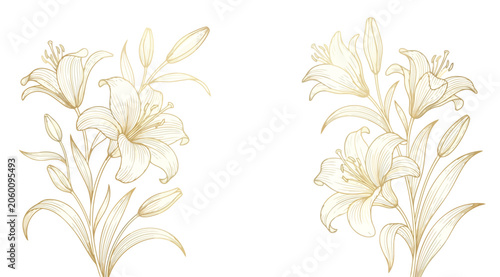 Tableau sur toile Set of two elegant gold line art lily flower arrangements, handdrawn botanical i