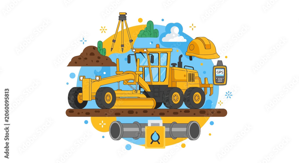 Fototapeta premium Motor Grader and Land Surveying Equipment Illustration for Civil Engineering, Road Construction, and Infrastructure Development Projects