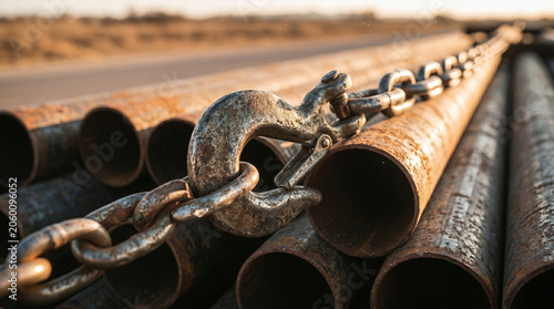 Heavy‑duty cargo fastener securing bundled steel pipes with a chain on a flatbed trailer, emphasising transport safety, mechanical reliability, and logistics efficiency under soft daylight.