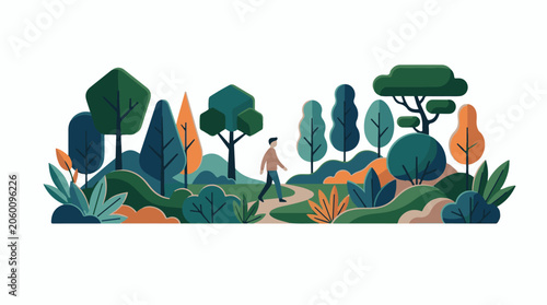 A person walks along a winding path through a colorful forest landscape