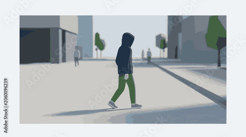 A person walks down a city street with buildings and trees in the background