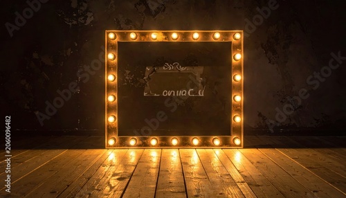 Empty vintage picture frame hanging on a wall in an empty room with a wooden floor