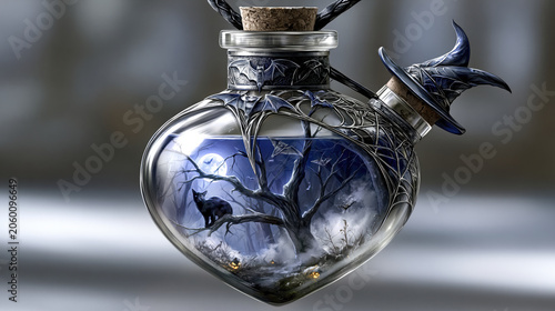 Heart bottle fantasy potion magic vial gothic glass moonlit forest dark tree black wolf spooky night silver filigree cobweb design enchanted object mystical artwork witchcraft theme halloween