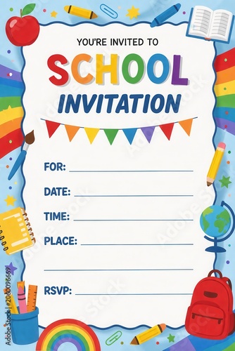 Colorful school invitation template with educational supplies rainbow border and event details layout