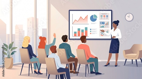 A diverse professional team participates in an engaging corporate presentation, analyzing data charts on a large screen in a bright, modern office with a city view.