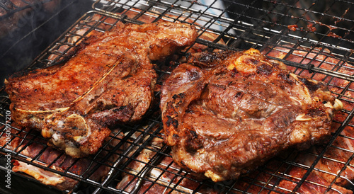 grilled meat on the grill, beef steak, fry, barbecue, cooking outside