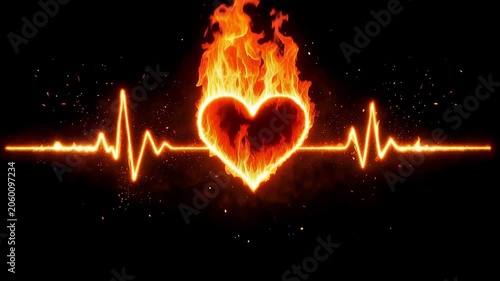 Burning heart with fiery heartbeat pulse line symbolizing passion love energy and emotional intensity