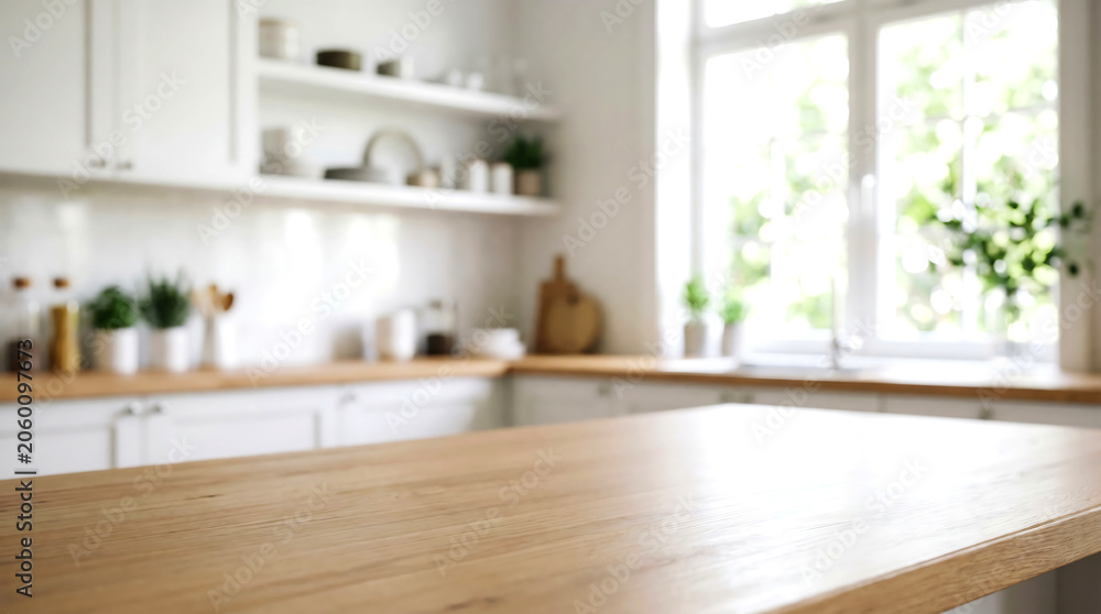 Fototapeta premium Wooden kitchen tabletop surface mockup with blurred modern pantry and shelf interior background for food advertising.