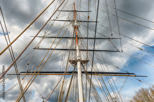 Detail of the cordage of a sailing ship, London, Uk