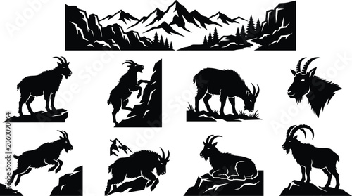 Foto Mountain goat silhouette bundle with climbing jumping and scenic alpine landscap