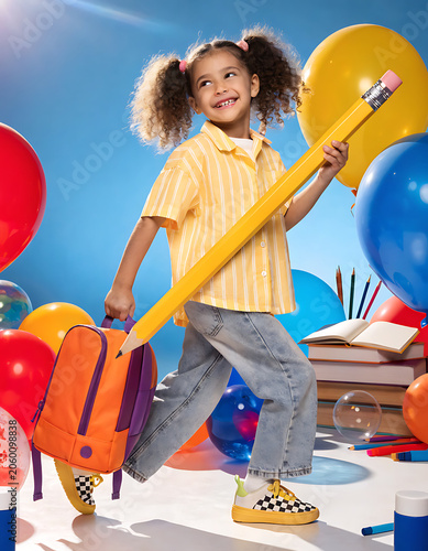 Happy little girl goes to school with a big yellow pencil and a backpack on a background of colorful balls and books
