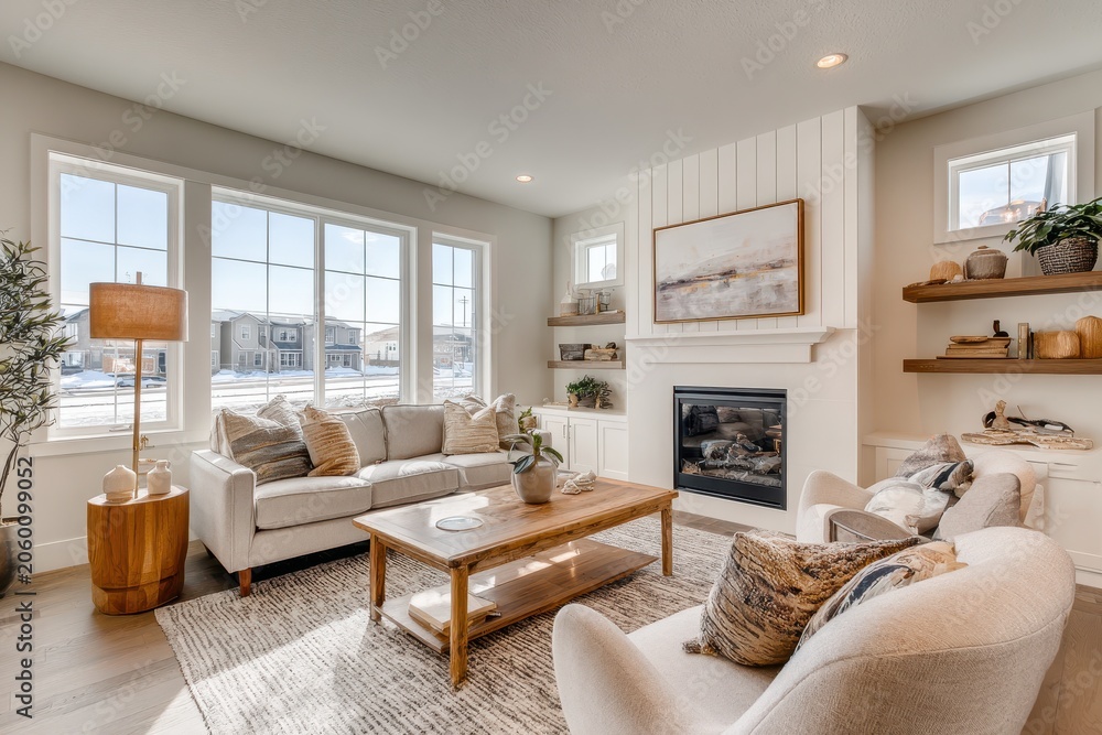 Fototapeta premium Elegant staged living space featuring a fireplace, plush sofa, and curated decor