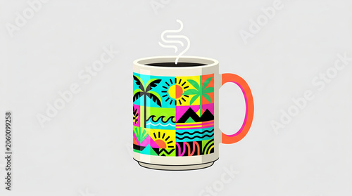 Flat vector coffee mug illustration with summer beach icons