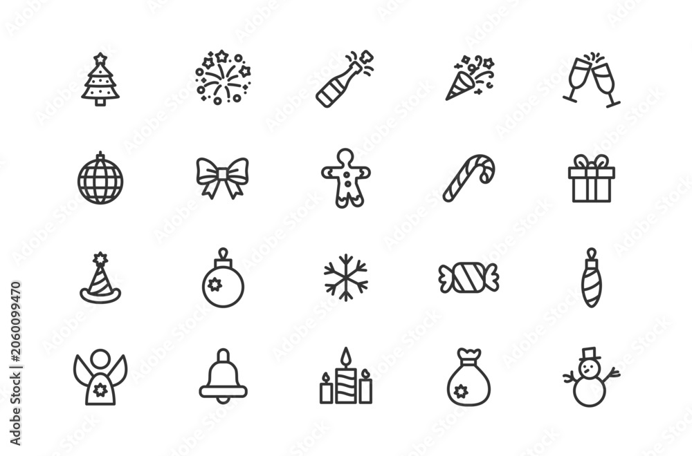 Fototapeta premium Christmas and New Year line icon set. Simple UI vector icons pack for winter holidays website, xmas presentation, party invitation, and greeting card.