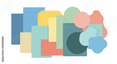 A colorful abstract arrangement of geometric and organic shapes in various sizes and pastel hues