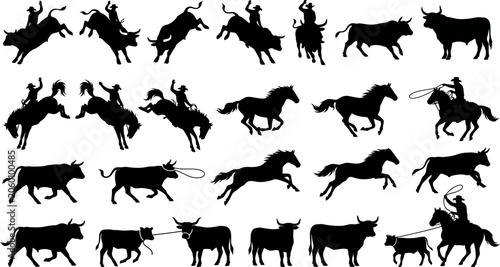 Foto blacksilhouettesofcowboysridinghorsesandworkingwithcattleonwhitebackground