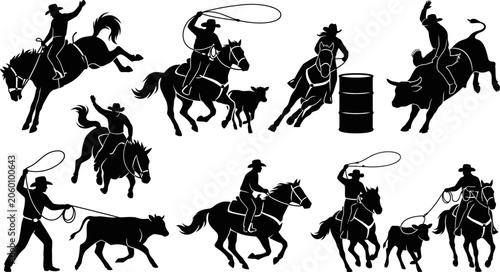 фотографія black silhouettes of cowboys riding horses and roping cattle in various actions