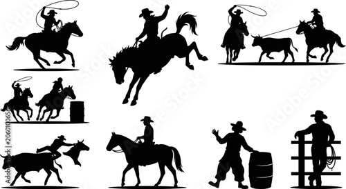 Tableau sur toile set of black silhouettes cowboys riding horses and working on ranch  various wes