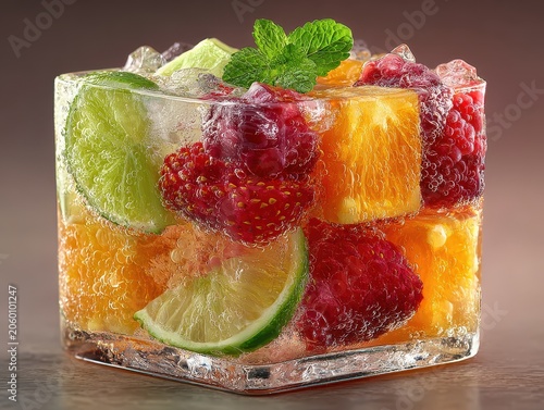 Refreshing fruit cocktail in a glass with slices of lime orange strawberries and mint leaves on a wooden surface