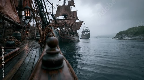 Europe medieval lifestyle. A moody, atmospheric portrayal of a maritime scene. A wooden ships deck is the main subject, adorned with ropes, masts, and lanterns.