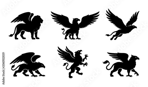 Фотография Mythical Creatures Vector Icons: Majestic Griffin, Lion-Eagle Hybrids, Heraldic