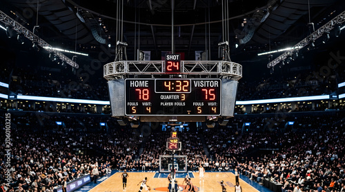 A wide shot of a basketball game in a large arena with a scoreboard showing scores and time, surrounded by a cheering crowd.
