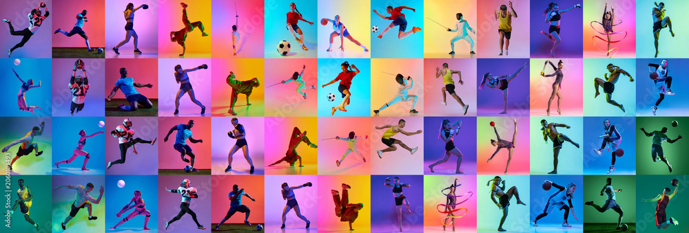 Naklejka premium Wide sports collage with athletes jumping and competing. Concept of sports advertising, athletic power, competition, fitness media and colorful banner design.